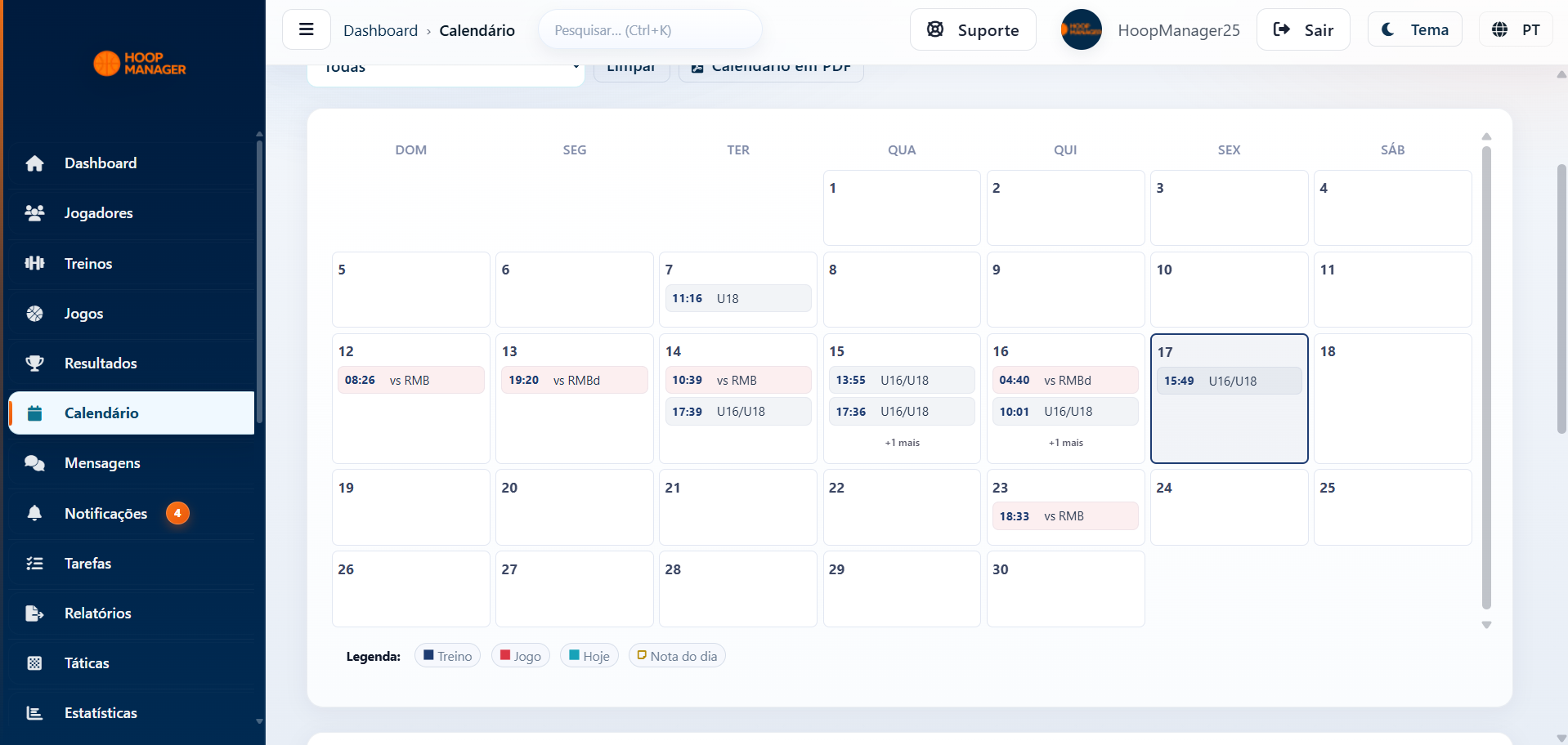 Painel Hoop Manager — calendário